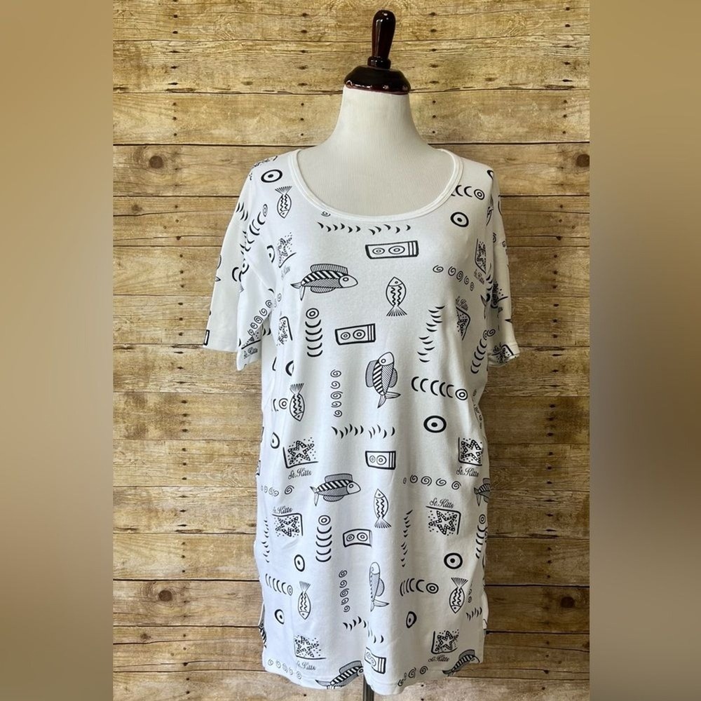 SGS St Kitts Souvenir T-Shirt Dress White Black Fish Print One Size Cotton‎